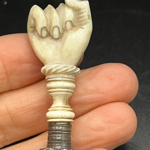 Antique Georgian Ornate Bovine Bone Hatched Wax Seal Clenched Fist 1800s Nineteenth century office stationery document seal. Writing