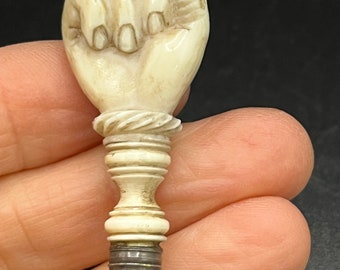 Antique Georgian Ornate Bovine Bone Hatched Wax Seal Clenched Fist 1800s Nineteenth century office stationery document seal. Writing