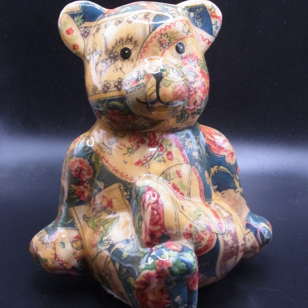 Vintage Porcelain Patchwork, Joan Baker Designs,  Bear Figurine Figure, muted colours,  Teddy Bear Collector Shabby Cottage Chic