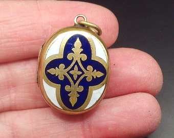 Antique English Victorian mourning pendant, gold cased with gold and blue Cross., circa 1890s, Mourning locket. Christian jewellery