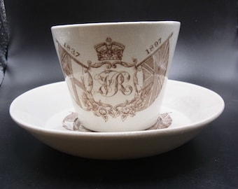 Queen Victoria 60 Years Reign Jubilee Cup and saucer 1837- 1897. Jubilee Commemoration Cup British Royalty Souvenir Ceramics Queen Victoria