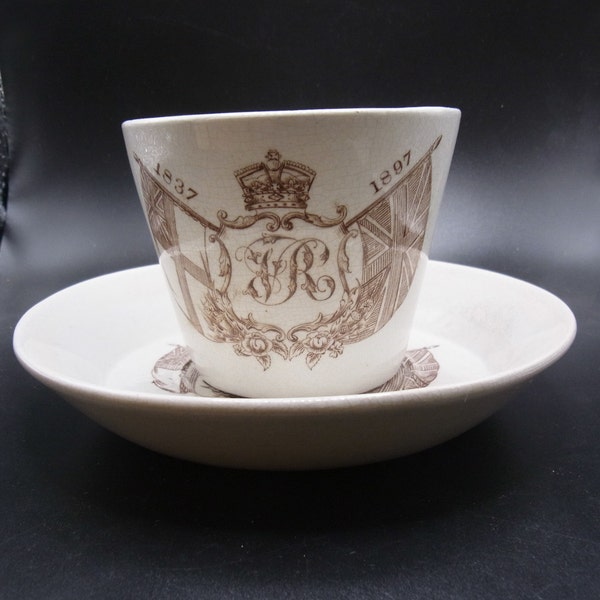 Queen Victoria 60 Years Reign Jubilee Cup and saucer 1837- 1897. Jubilee Commemoration Cup British Royalty Souvenir Ceramics Queen Victoria