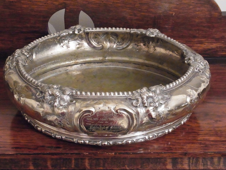 Victorian Silver plated bowl presented To Mr and Mrs John Thompson from pupils and teachers Cavendish St Schools April 11 1861 School Gift