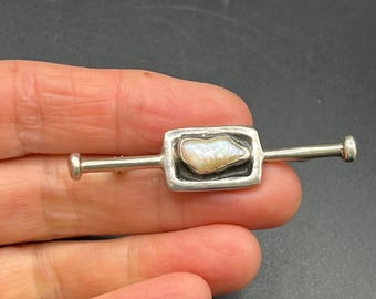 Vintage Baroque pearl, sterling silver brooch, pin, circa 1960s to 1970s