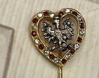 Vintage gold tone bird  stick pin, circa 1960s, Polish, German, heart, rhinestone, Cravat pin, tie pin. Bird lovers Gift. Groom wedding pin