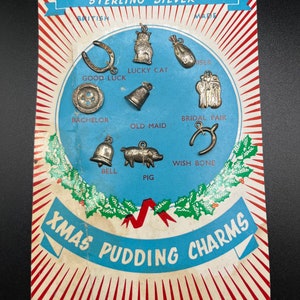 Vintage Set of Nine Sterling Silver Christmas Pudding Charms