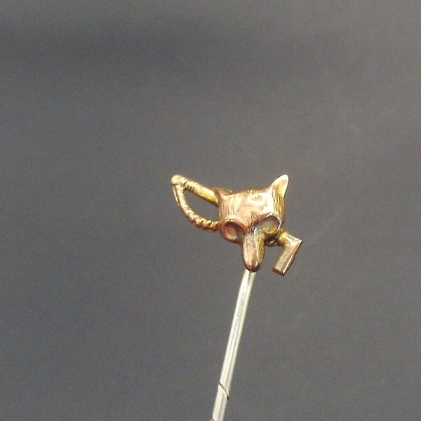 Antique 9ct gold Fox Head and riding Crop tie pin. Animal cravat pin. bridegroom, tie pin collectible. Antique hunting jewellery