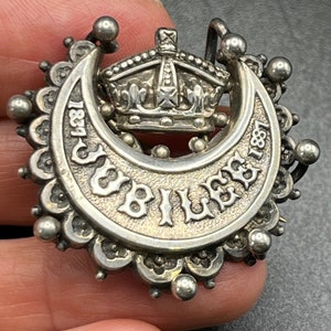 Antique Sterling Silver Queen Victoria 1837-1887, crescent,  Golden Jubilee Commemorative Brooch, Birmingham 1887
