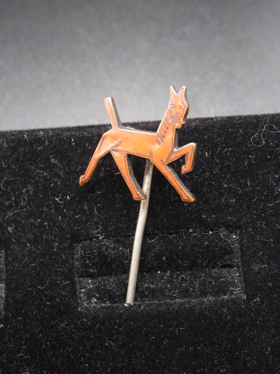 Vintage red enamel and metal horse stick pin, cir… - image 1