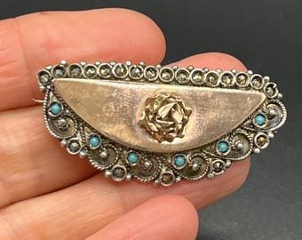 Antique Sterling silver and gold plated half-moon brooch, turquoise and marcasite, filigree, Victorian or Edwardian era, 1890s to 1910s,