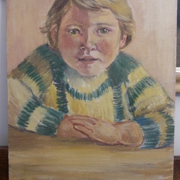Original Oil Painting Young child OOAK Oil Painting Small child, boy or girl, intage original Oil Painting, Green and cream jumper 1950s