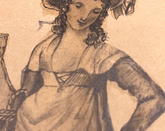 Dessin Original Au Crayon XIXème Siècle - Scène Pastorale Avec Personnages, Authentique