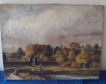 Antique early 19th Century oil painting on canvas Rural Scene boy & dog 1825. Landscape art 1800s. Wall hanging. George IV era Arcadian Art