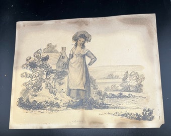 croquis au crayon vintage, scène pastorale, jeune femme, 1834, croquis géorgien, OOAK, signé par M Cuthbert, dessin antique, anglais