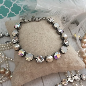 White Opal, Pearl and Crystal Tennis Bracelet, Round Stone Bracelet, Clear Crystal and Aurora Borealis Bridal Bracelet, Silver tone