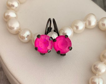 Neon Pink Rhinestone Earrings, Pink and Black Jewelry, Hot Pink Crystal Drop Earring, Flamingo Pink, Bright Pink, Bubble Gum Pink Jewelry
