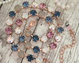 MYSTIC MONTANA. Navy and Pink Crystal Choker Necklace. Rose gold, Navy, Blush, Crystal Patina, Rose Diamond Bridal Necklace