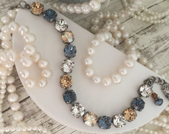 COBALT & CREAM 8mm Genuine Crystal Mixed Blue, Champagne, Gold, Crystal Tennis Bracelet. Denim Blue, Montana Blue, Champagne Stone