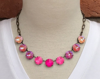 GLOW WITH The FLOW 14mm Electric Pink Ombre Crystal Tennis Necklace, Pink Red Orange Sunset Color Shift, Large Stone Choker Necklace
