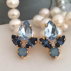 Petite Blue Cluster Earrings, Pear Cut mixed Blue Crystal Earrings, Navy and Opal Bridal Earrings, Pastel Blue, Sapphire, Sky Opal Stud