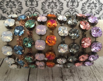 HOLY CHIC 12mm Cushion Cut Crystal Bracelet. Chunky Designer Bracelet, Square Stone Crystal Bridal Bracelet White Opal Rose Gold, Blush