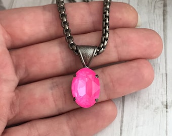 Electric Pink Pendant Necklace, Neon Pink Crystal Solitaire Necklace Pink Oval Stone Pendant Barbie Pink, Hot Pink, Genuine Austrian Crystal