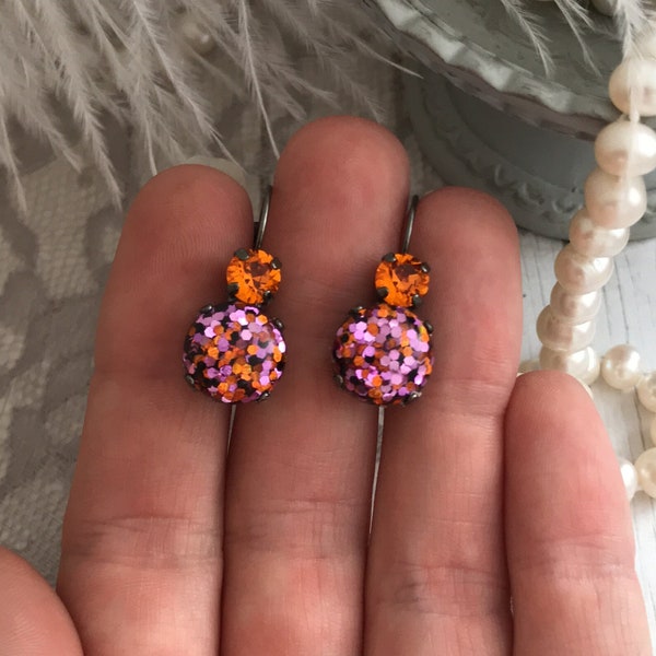 HALLOWEEN CONFETTI Stacked Drop Earrings, Orange and Purple Halloween Earrings, Halloween Confetti Earrings Black and Orange Dangle Earrings