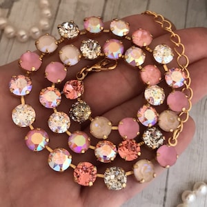 FREEDOM OF PEACH Melon Apricot Pink, Pink Rose iridescent Crystal Tennis Necklace, Gold Patina, Coral Ivory Crystal Eternity Crystal Choker