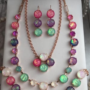 OPAL ESSENCE Austrian Crystal and Opalescent Tennis Necklace, Pacific Opal, Violet Delight,man made Opal accent Statement Tennis Necklace