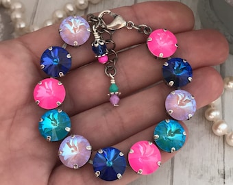 LUXE POP Crystal Tennis Bracelet, Lavender, Pink, Turquoise, Heliotrope, Color Shift Jewelry, Bold Colored Crystal Bracelet, Neon Pink