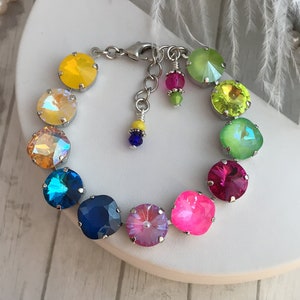 COLOR POP 12mm Cushion Cut Neon Crystal Tennis Bracelet, Electric Pink, Royal Blue, Lime Green, Yellow Opal Silver Tone Bright Multi Color