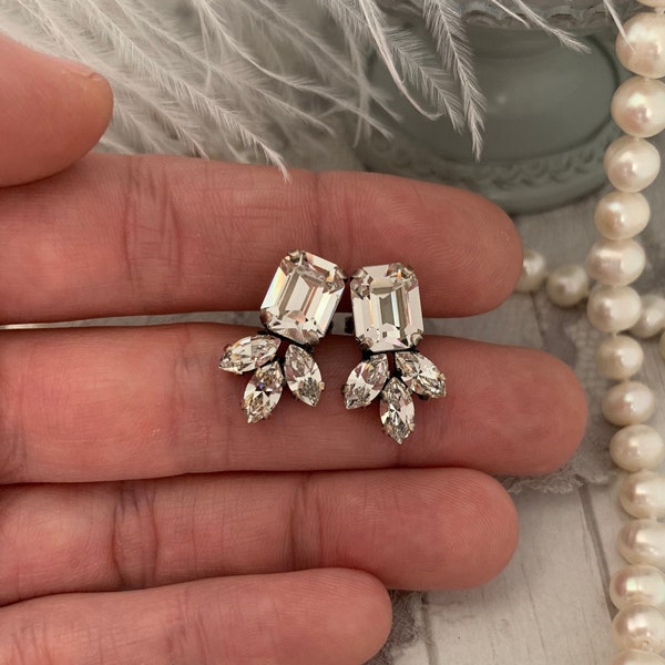 Clear Crystal Emerald Cut Earring with Navette Accents Stud Crystal Earrings, Petite Cluster Earring Post back Multi Crystal Cluster Earring