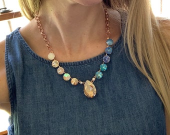 Champagne and Sea foam Crystal Statement Necklace, Champagne Teardrop Necklace, Turquoise, Teal Rose Gold Tone Crystal Necklace, Pear Cut