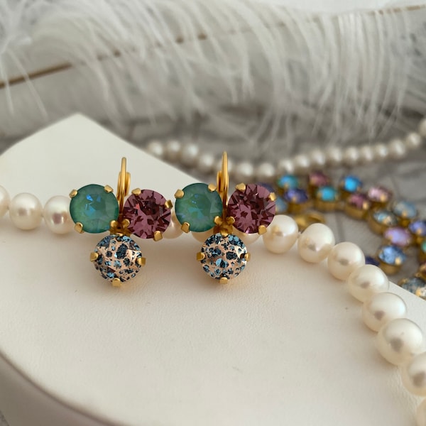 Plum, Teal and Aqua Blue Earrings Three stone Drop earring, Multi stone Crystal earrings, Iris, lilac, Sage, Aquamarine Yellow gold Earrings