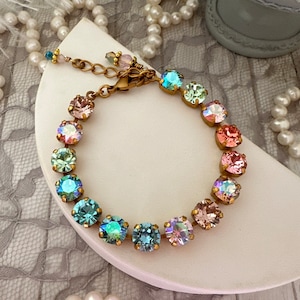 Pastel Ombre Watercolor Crystal Tennis Bracelet, Aqua Turquoise Peach Lt Rose, Gradient Color Jewelry, Austrian Crystal Round Stone Bracelet