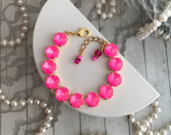 ITS ELECTRIC Neon Pink Genuine Austrian Crystal Tennis Bracelet, Electric Pink Jewelry, Hot Pink, 80's Style Neon Pink Crystal Glow Bracelet