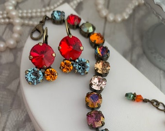 Varied Size Crystal Cluster Earrings, Fall Tone Cluster Drop earrings, Round Crystal three Stone Earrings, Topaz Multi Colored Fall Tone