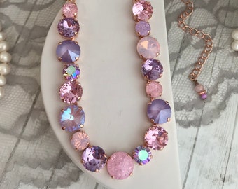 LADY PASTEL Pink Chiffon and Pale Violet Gradient Crystal Tennis Necklace, Varied size stone Austrian Crystal Choker, Baby Pink Lilac Delite