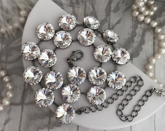 14mm Clear Crystal Necklace, Classic Clear Crystal Eternity Necklace, Round Stone Choker Crystal Tennis Necklace Large Round Stone Collet