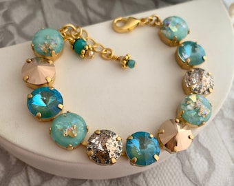 Turquoise and Gold Crystal Tennis Bracelet Robin Egg Blue Rose Gold Aqua, Teal, Calypso, Bridal Jewelry, Round Stone Crystal Tennis Bracelet