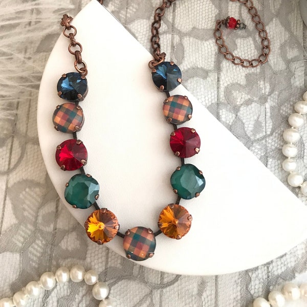 STAY COZY Fall inspired Tartan Plaid Crystal Necklace, Jewel Tone Austrian Crystal Necklace Topaz Royal Green, Red and Amber Autumn Necklace