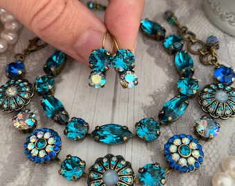Peacock Blue Crystal Earrings, Two Stone Dangle Earrings, Teal Blue Stone Earrings, Stacked Drop Earrings Iridescent Blue Stone Earrings