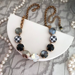 BLACK OUT, Black, White and Grey Crystal Necklace, Austrian Crystal Fashion Necklace, White Opal, Jet Black, Silver Stone Jewelry,