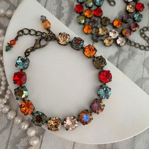 AUTUMNS SPELL Crystal Tennis Bracelet. Mixed Fall Colored Bridal Bracelet, Burnt Orange, olive Green, Carmel Brown, Red, Fall Multi Colored
