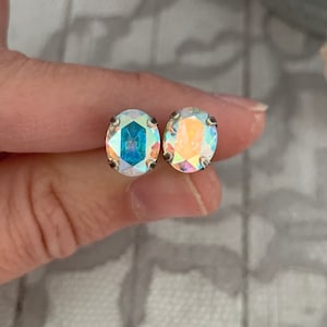 Oval Crystal AB Stud Earrings Iridescent Single Stone Earring Rainbow Crystal Post Earring Crystal Aurora Borealis Bridal Studs, Bridal Gift