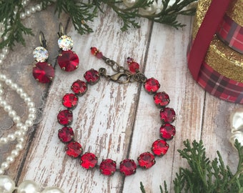 Ruby Red Crystal Tennis Bracelet Siam Round Stone Crystal Bracelet Ruby Rhinestone Tennis Bracelet Scarlet Christmas Bridal Jewelry JOYFUL