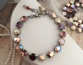 Burgundy and Cream Crystal Tennis Bracelet. Blush and Ivory Bridal Bracelet, Wine, Rose Gold, Beige Rhinestone Jewelry, Creame De La Cream