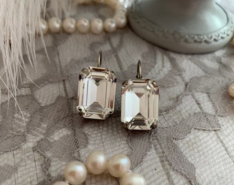 Large Emerald Cut Crystal Earrings, Rectangular Rhinestone Earrings, Clear White Crystal Bridal earring, Statement earrings Stage Jewelry