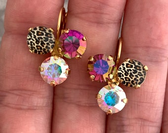 Leopard and Crystal Earring Leopard print dangle earring, Leopard Print Jewelry, Pink and Iridescent Austrian rhinestone Cluster Earring