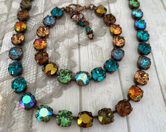 Teal and Topaz Patina Ombre Crystal Rhinestone Necklace, Fall Palette Crystal choker Necklace, Copper Patina Crystal and Chain Necklace